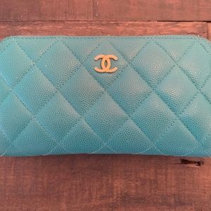 Chanel small zip around wallet- 17c turquoise caviar leather